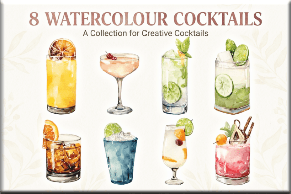 8 Watercolor Cocktail Clipart Bundle PNG: Graphics & Illustrations