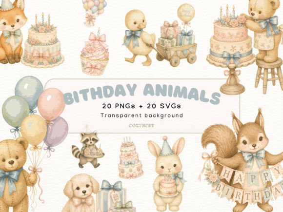 Birthday Animals Watercolor Cliparts SVG