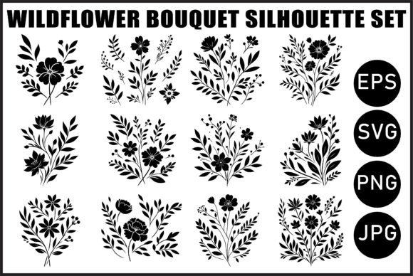 Black Wildflower Bouquet Vector Bundle Graphics
