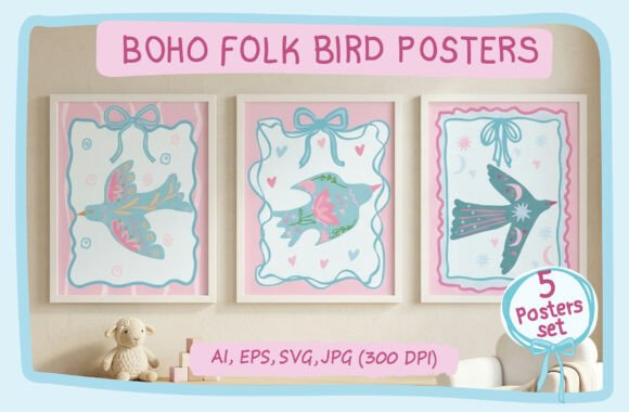 Boho Folk Birds Pastel Nursery Posters: Graphics & Illustrations