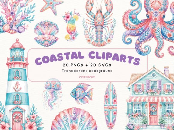 Coastal Watercolor Graphics for Digital Creators