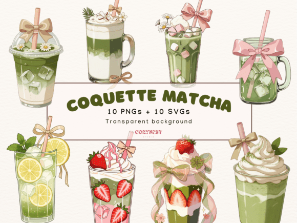 Coquette Matcha Clipart: Pastel Bow Graphics & Illustrations
