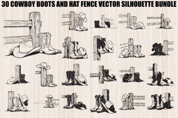 Cowboy Boots Hat Fence Bundle: Rustic Graphics & Illustrations