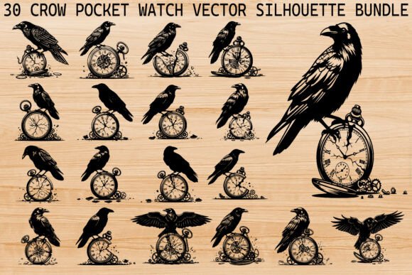 Crow Pocket Watch Silhouette Bundle: Graphics & Illustrations