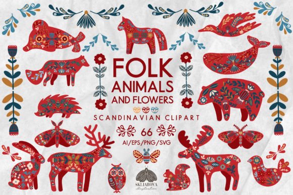 Folk Animals and Flowers Graphics