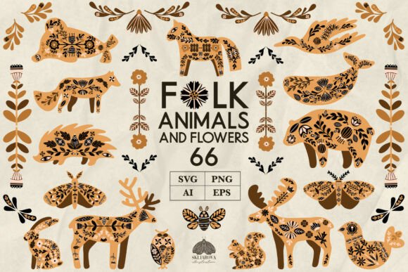 Folk Animals and Flowers Graphics for Crafters
