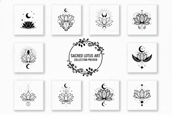 Lotus Flower with Sun and Stars Graphics & Illustrations