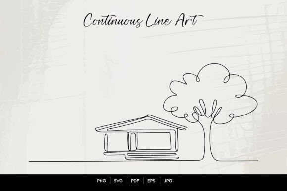 Minimal House Tree Line Art SVG File: Graphics & Illustrations