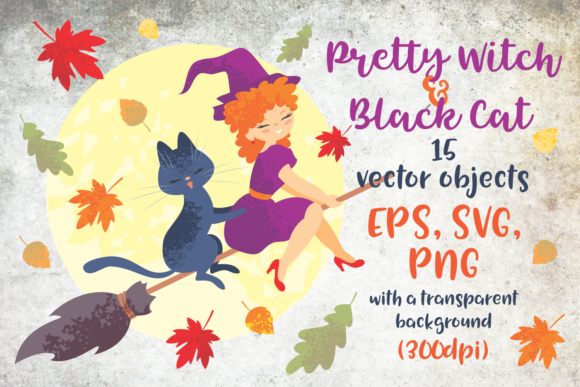 Pretty Witch and Black Cat Halloween Graphics & Illustrations